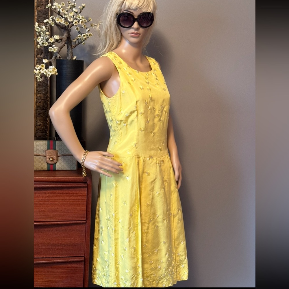 MaxMara Bright Yellow Silk Sleeveless Embroidered A-Line Dress